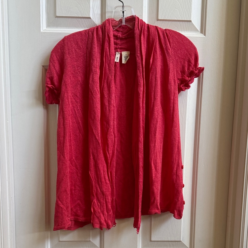 Red Short-Sleeve Open or Button on the Bottom side Cardigan - Moth